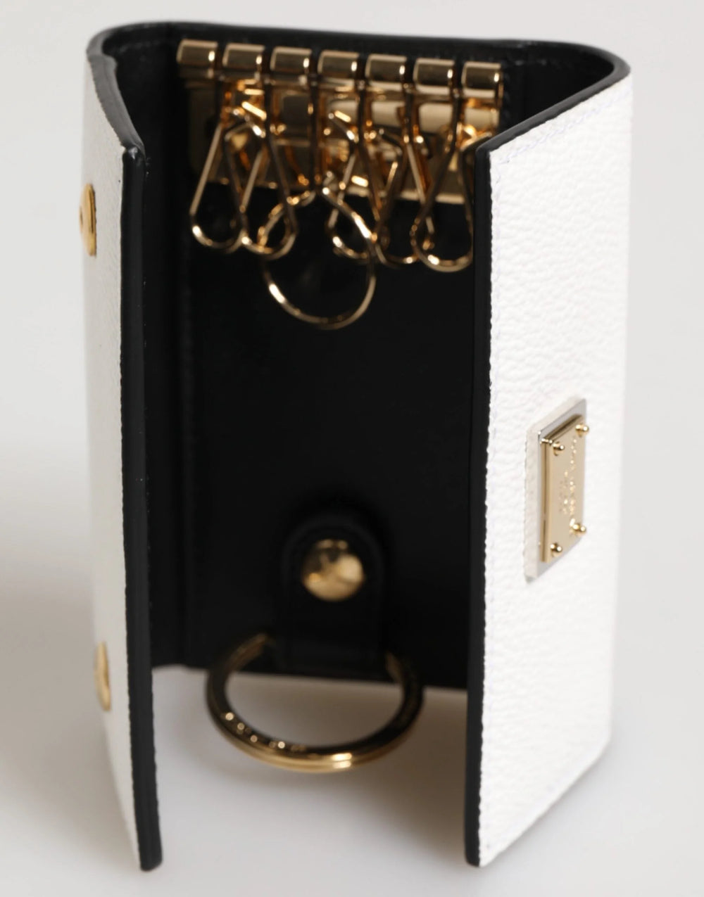 Dolce & Gabbana White Leather Card Case Holder Wallet Gold Logo Plate Key Holder - Keychains