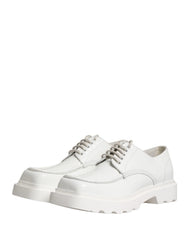 Rear view of the white leather chunky Derby shoes by Dolce & Gabbana highlighting the reinforced heel and sole height.