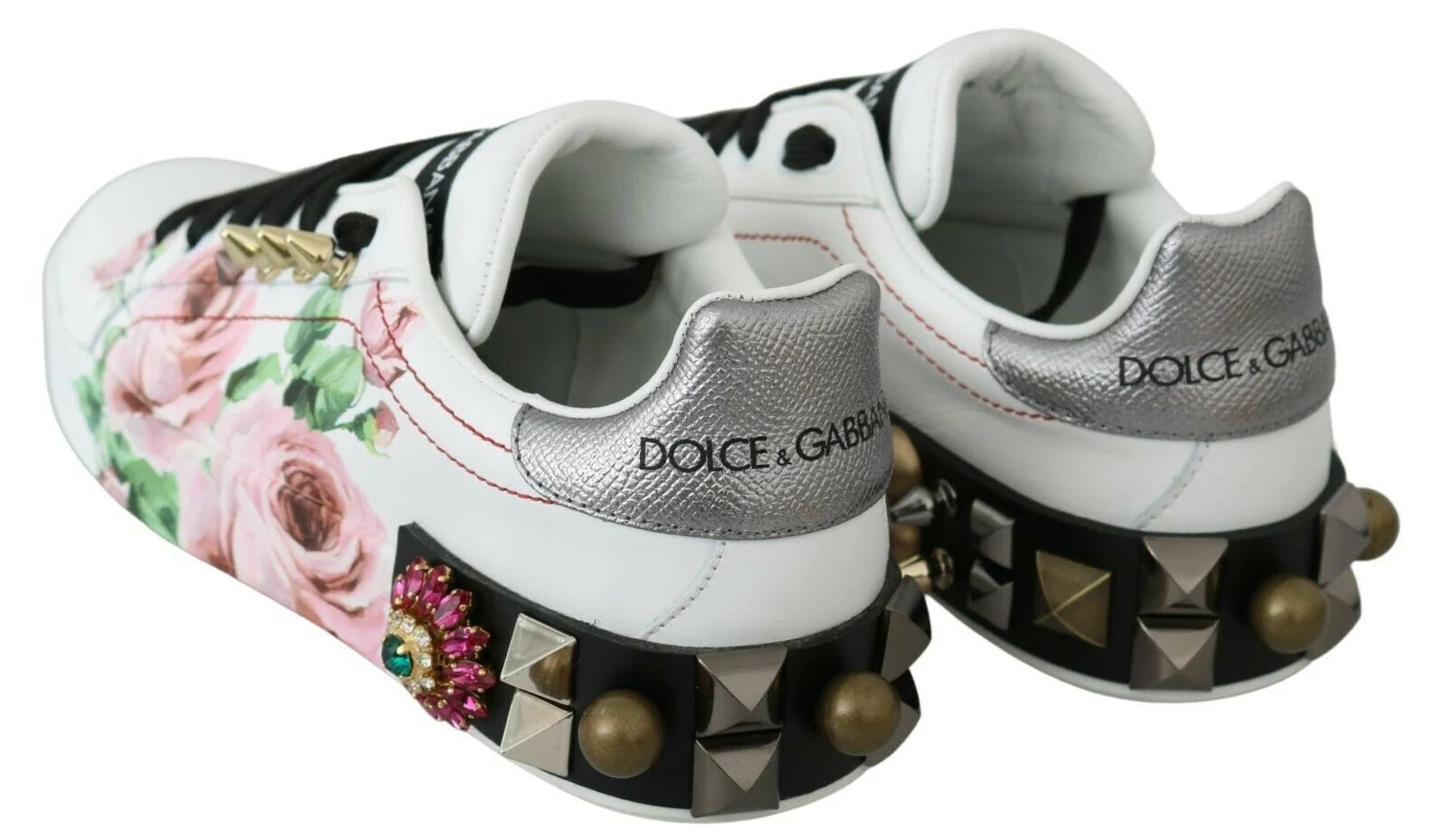 Dolce & Gabbana White Leather Crystal Roses Floral Sneakers Shoes - EU35/US4.5 - Sneakers