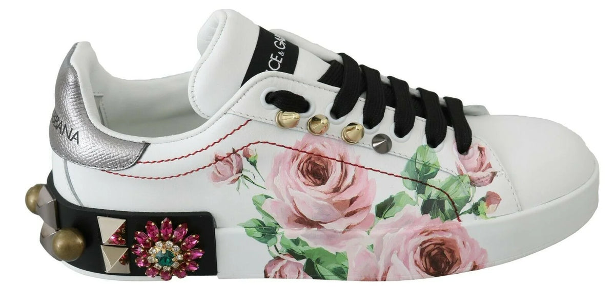 Dolce & Gabbana White Leather Crystal Roses Floral Sneakers Shoes - EU35/US4.5 - Sneakers