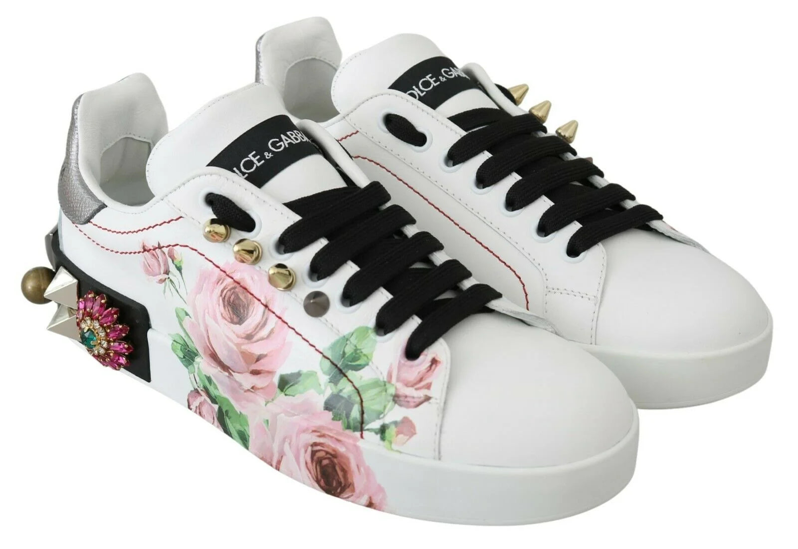 Dolce & Gabbana White Leather Crystal Roses Floral Sneakers Shoes - EU35/US4.5 - Sneakers