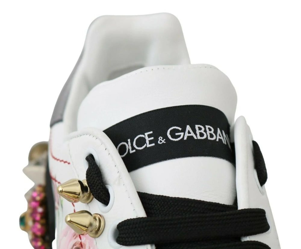 Dolce & Gabbana White Leather Crystal Roses Floral Sneakers Shoes - EU35/US4.5 - Sneakers
