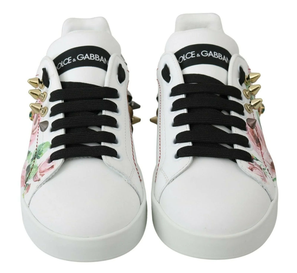 Dolce & Gabbana White Leather Crystal Roses Floral Sneakers Shoes - EU35/US4.5 - Sneakers
