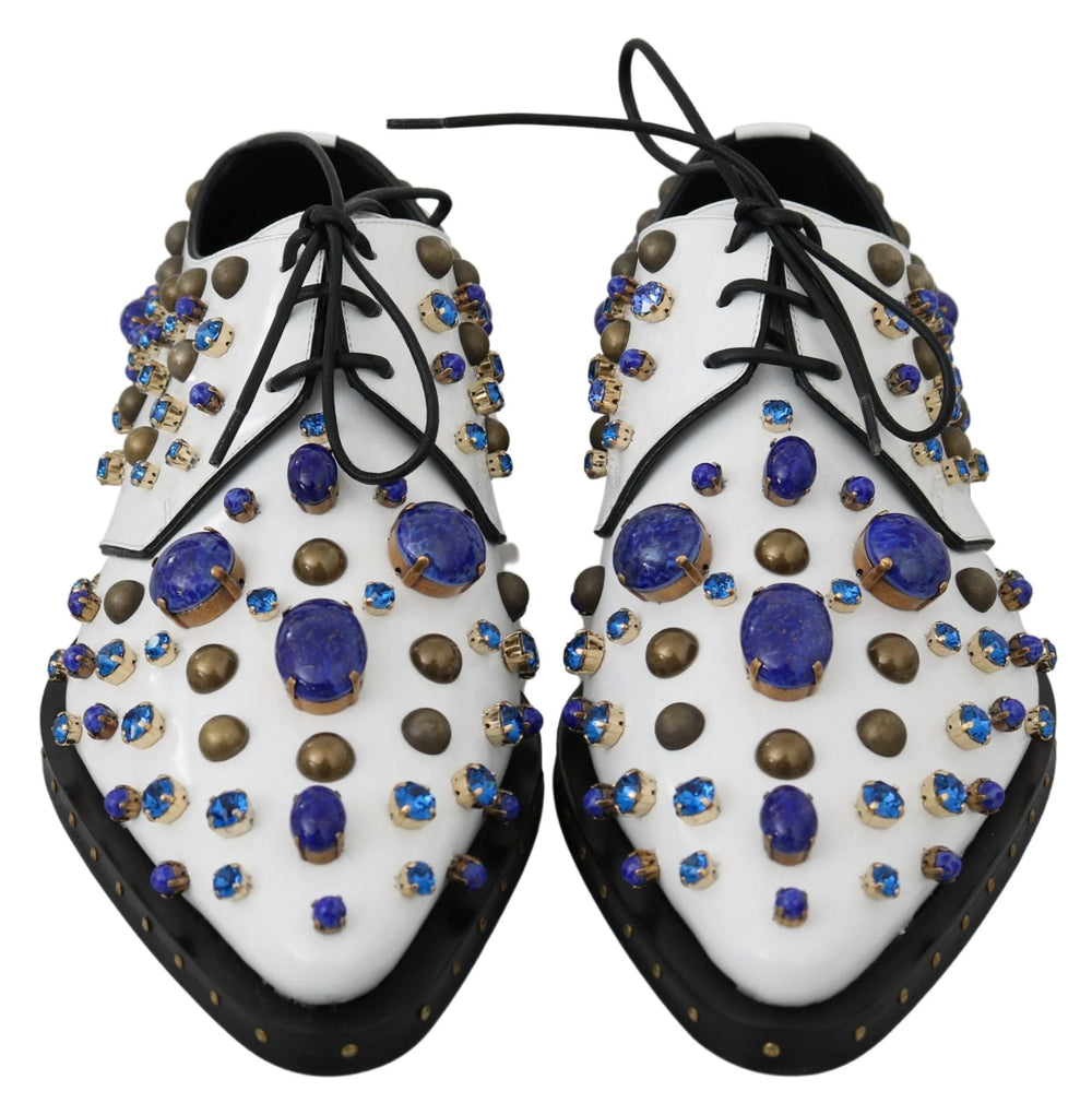 Dolce & Gabbana White Leather Crystals Dress Broque Shoes - EU39/US8.5 - Flats