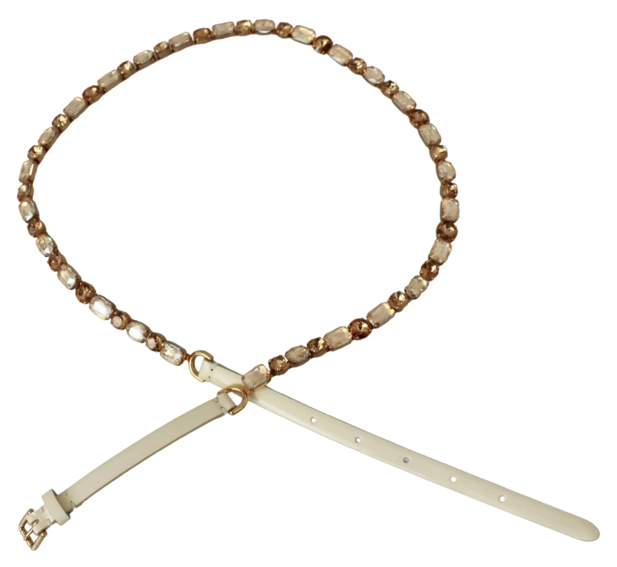 Dolce & Gabbana White Leather Crystals Waist Belt - 95 cm / 38 Inches - Belts