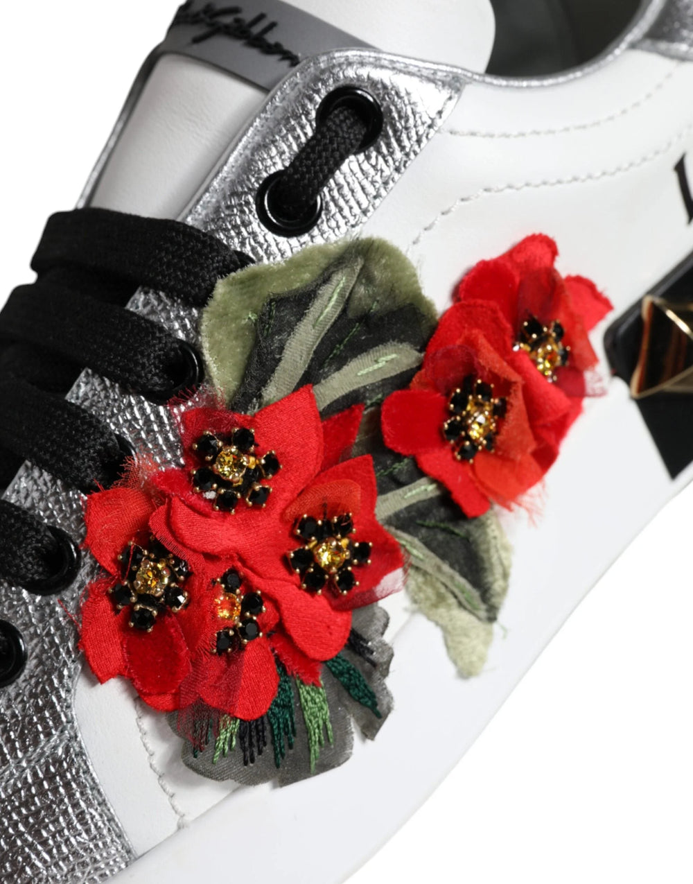 Dolce & Gabbana White Leather Floral Studded Sneakers Shoes - Sneakers