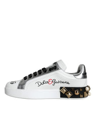 Dolce & Gabbana White Leather Floral Studded Sneakers Shoes - Sneakers