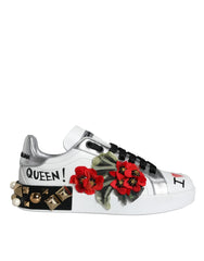 Dolce & Gabbana White Leather Floral Studded Sneakers Shoes - Sneakers