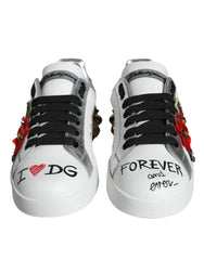 Dolce & Gabbana White Leather Floral Studded Sneakers Shoes - Sneakers