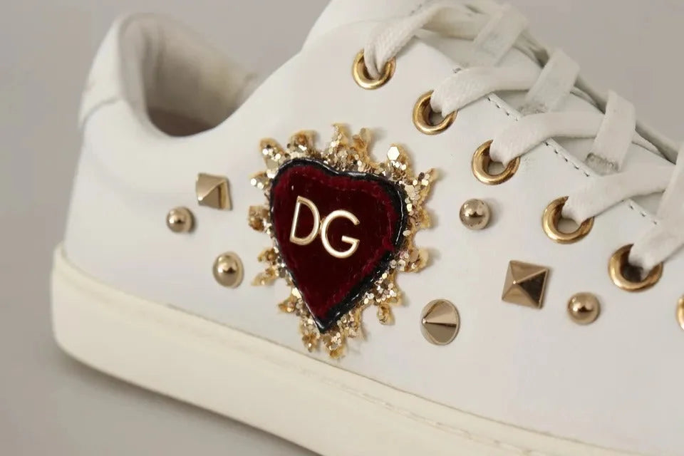 Dolce & Gabbana White Leather Gold Red Heart Sneakers Shoes - Sneakers