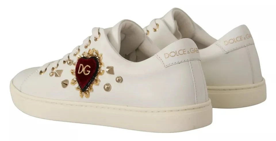 Dolce & Gabbana White Leather Gold Red Heart Sneakers Shoes - Sneakers