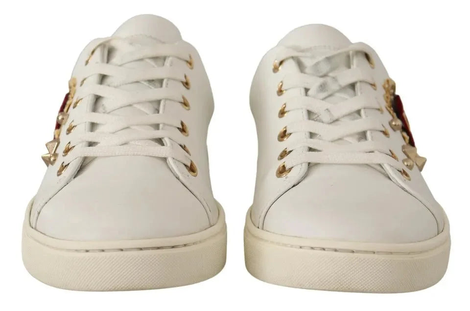 Dolce & Gabbana White Leather Gold Red Heart Sneakers Shoes - Sneakers
