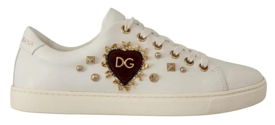 Dolce & Gabbana White Leather Gold Red Heart Sneakers Shoes - Sneakers