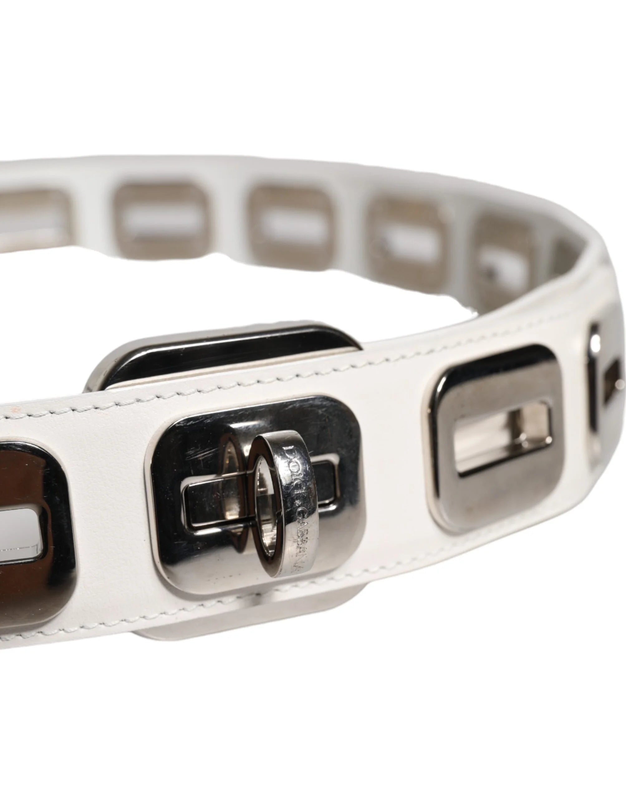 Dolce & Gabbana White Leather Gold Tone Rotating Buckle Belt - 90 cm / 36 Inches