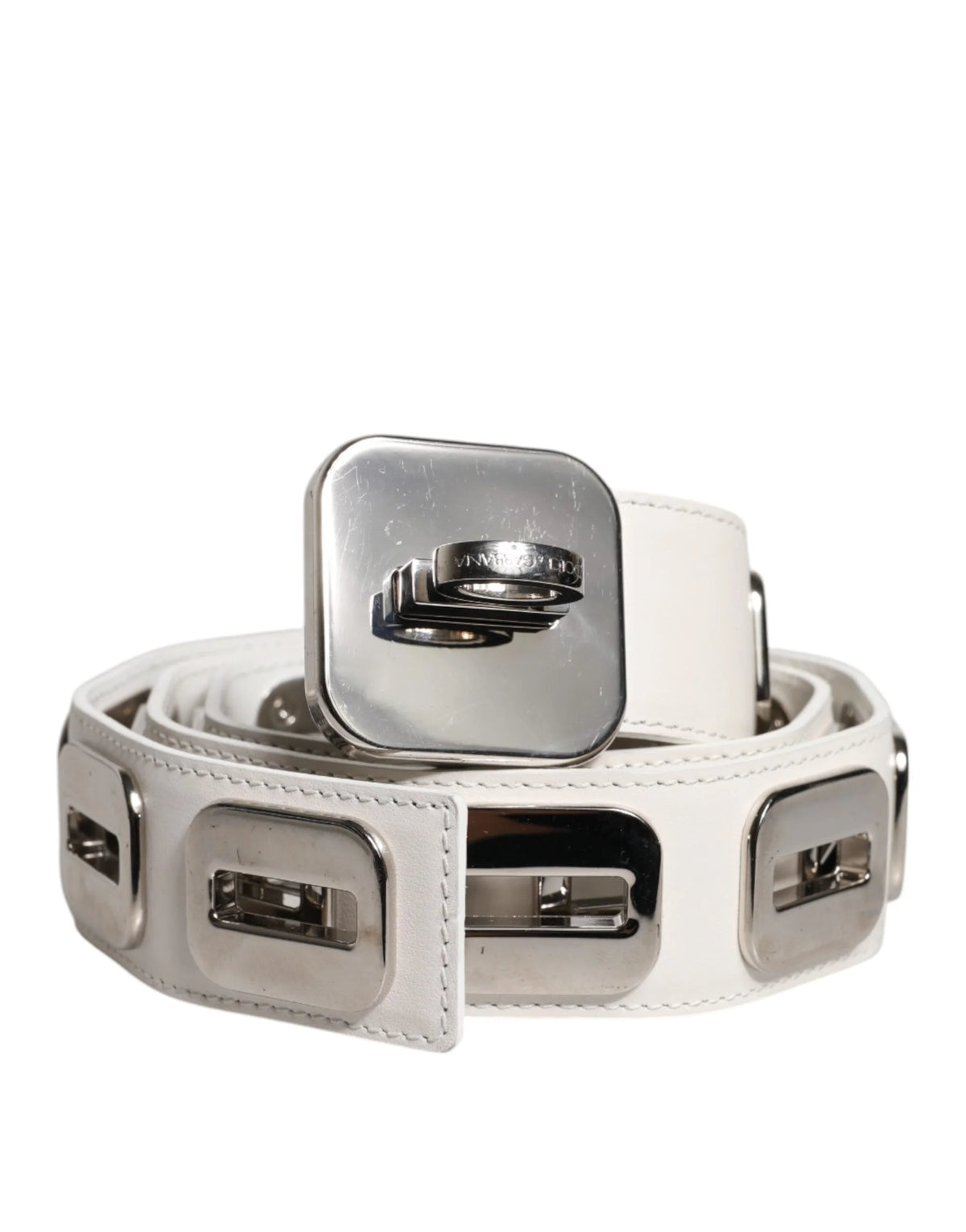 Dolce & Gabbana White Leather Gold Tone Rotating Buckle Belt - 90 cm / 36 Inches