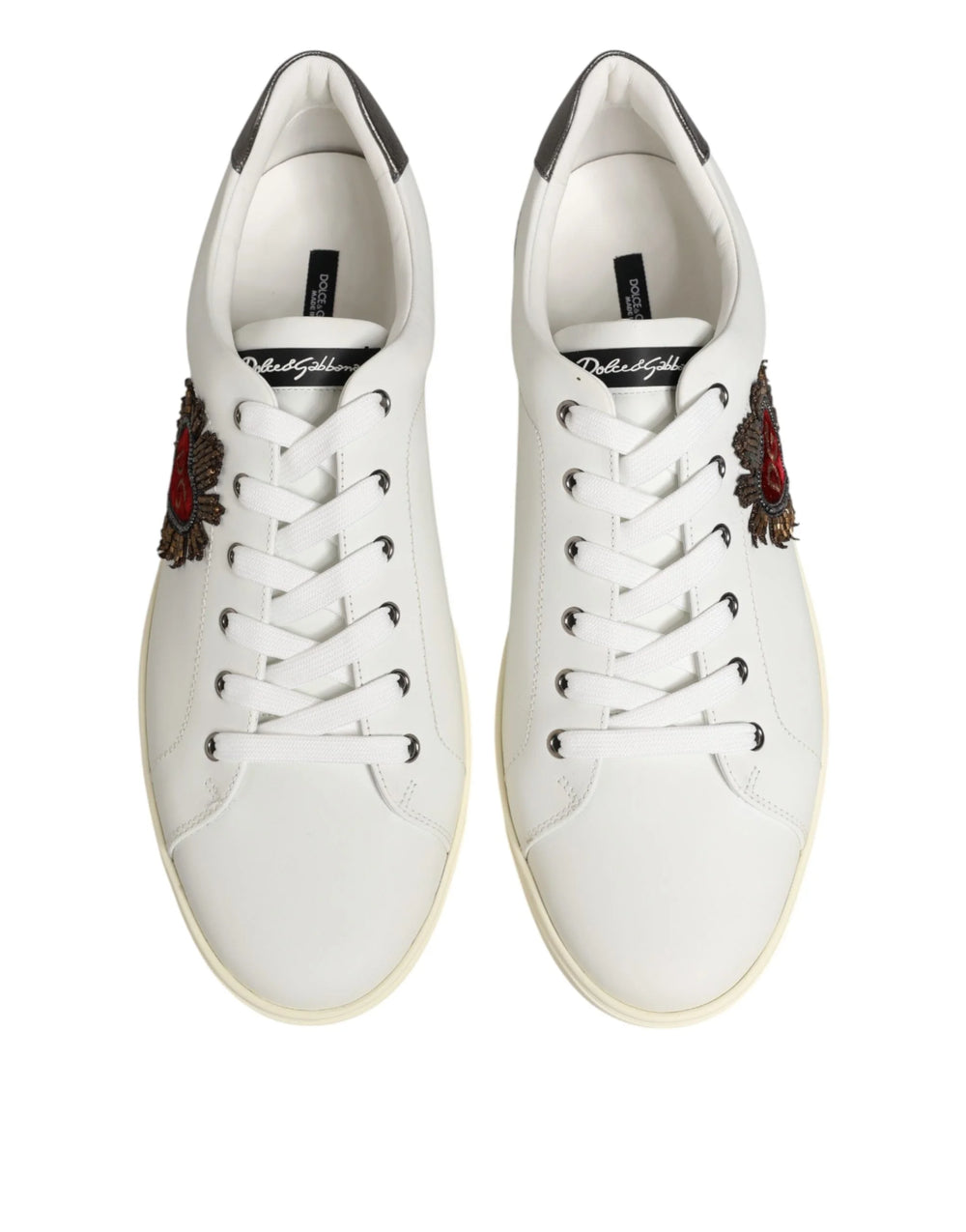 Dolce & Gabbana White Leather Heart Embellished Sneakers Shoes