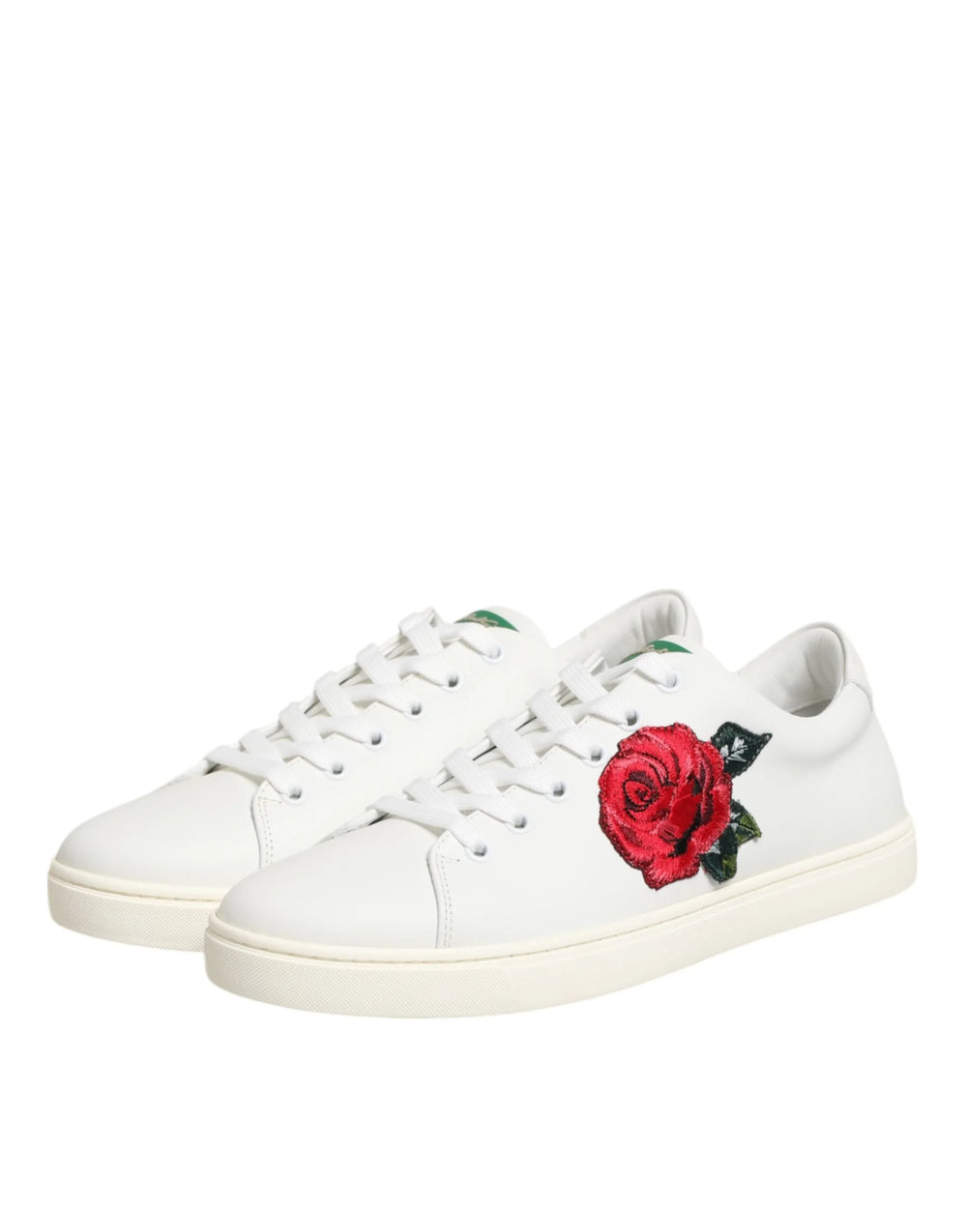 Dolce & Gabbana White Leather Rose Embroidery Low-Top Shoes - Sneakers