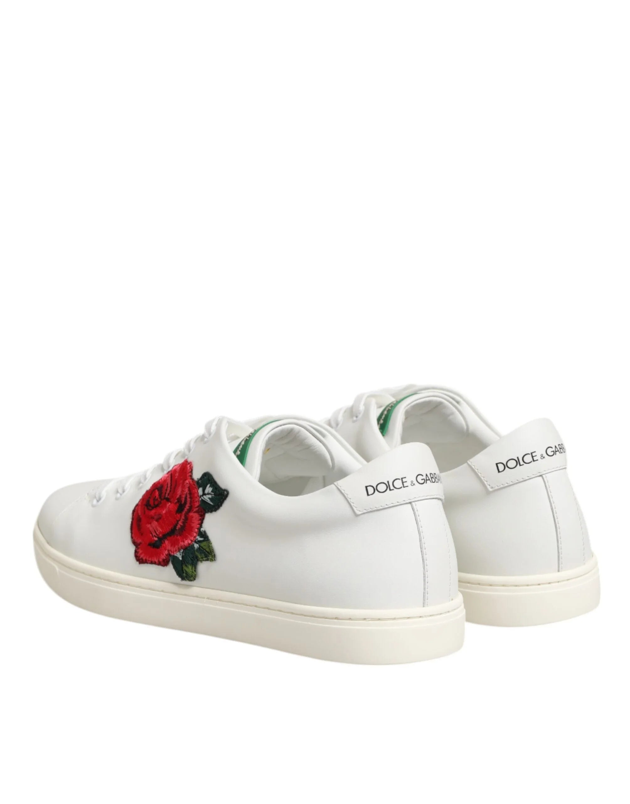 Dolce & Gabbana White Leather Rose Embroidery Low-Top Shoes - Sneakers