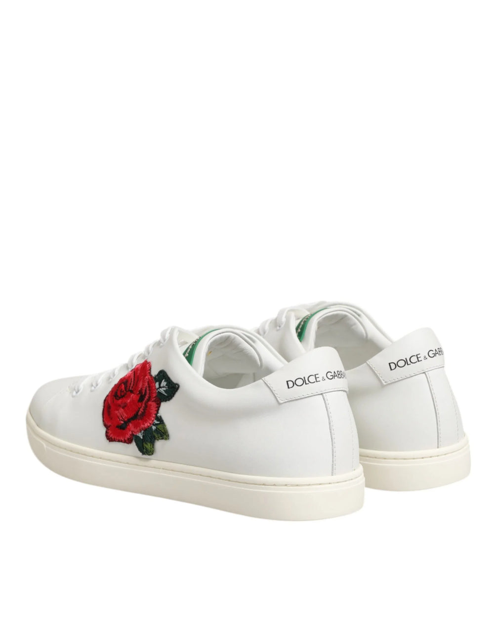 Dolce & Gabbana White Leather Rose Embroidery Low-Top Shoes - Sneakers