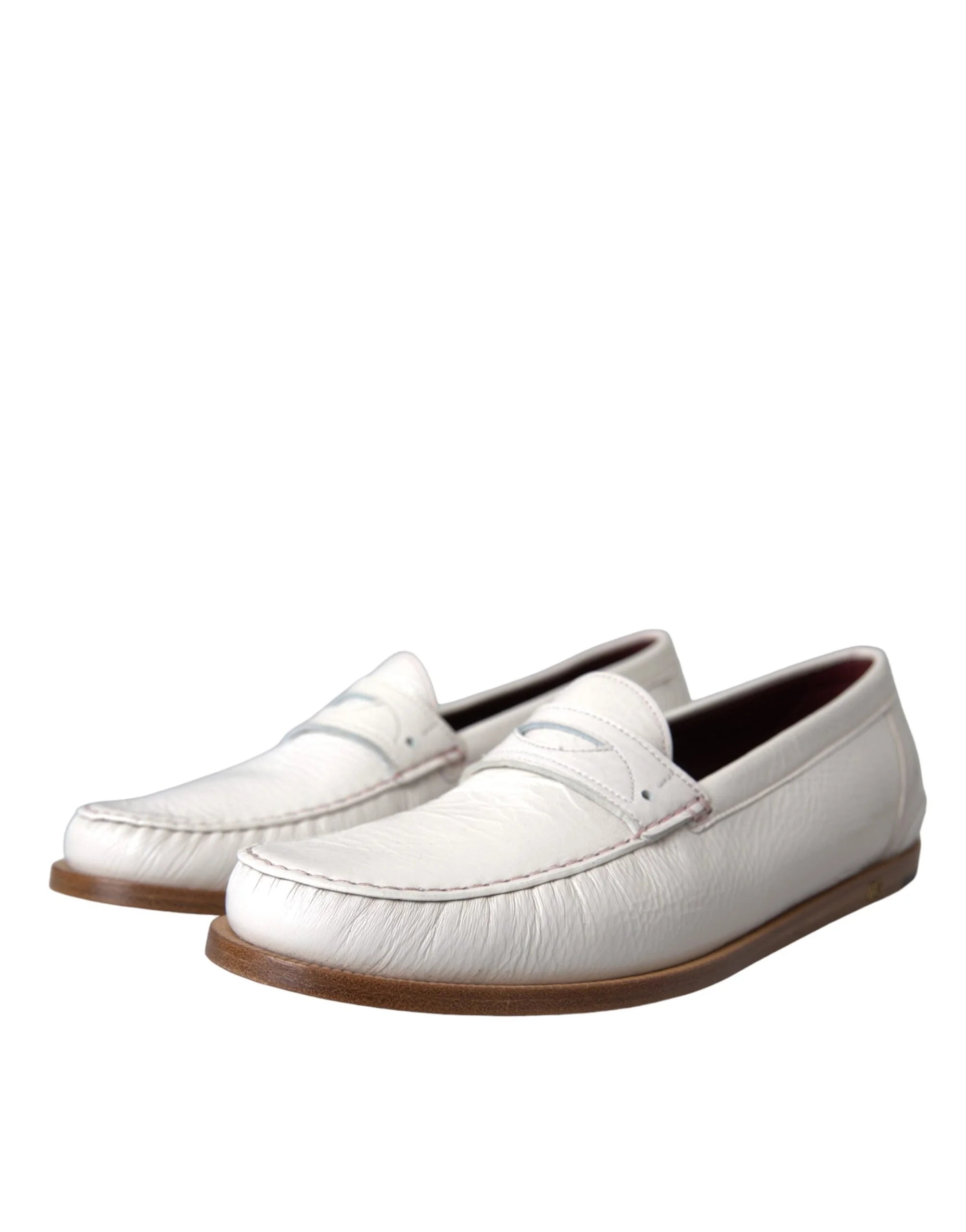 Dolce & Gabbana White Leather Slip On Mocassin Loafers Shoes - Flats
