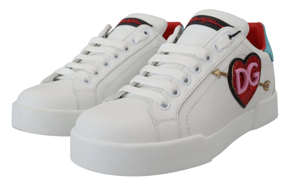 Zapatillas deportivas Portofino de Dolce & Gabbana en cuero blanco con bordado de corazón y logotipo en el lateral.