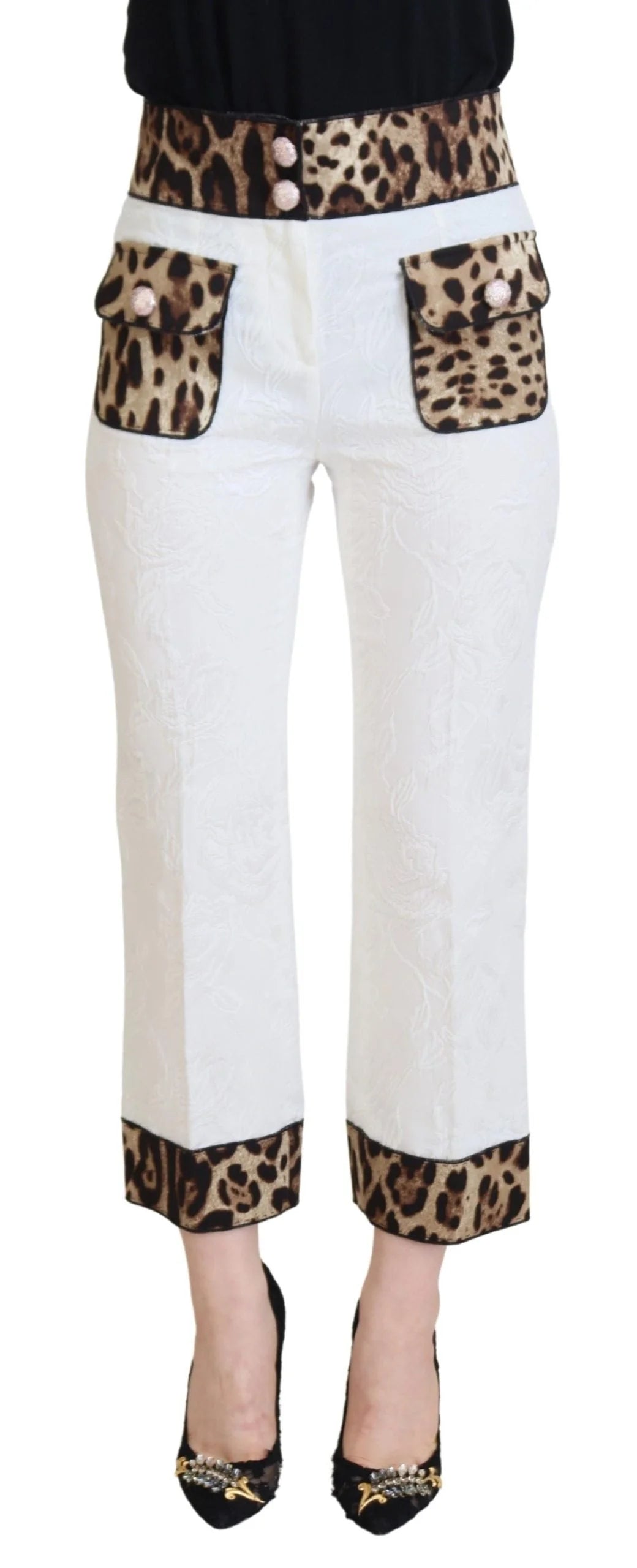 Dolce & Gabbana White Leopard Print High Waist Pants - IT36|XXS - Trousers