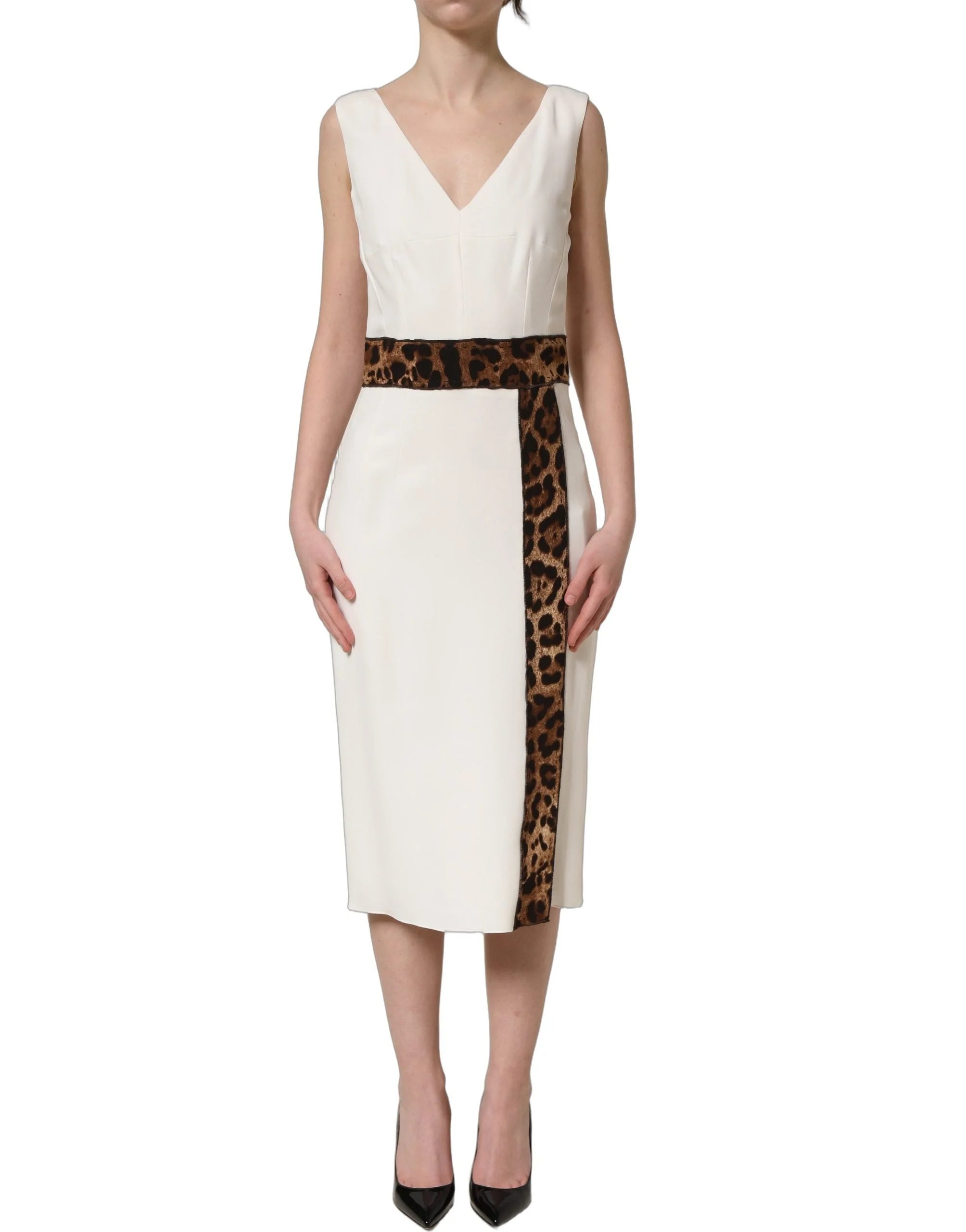 Dolce & Gabbana White Leopard Sleeveless Sheath Midi Dress
