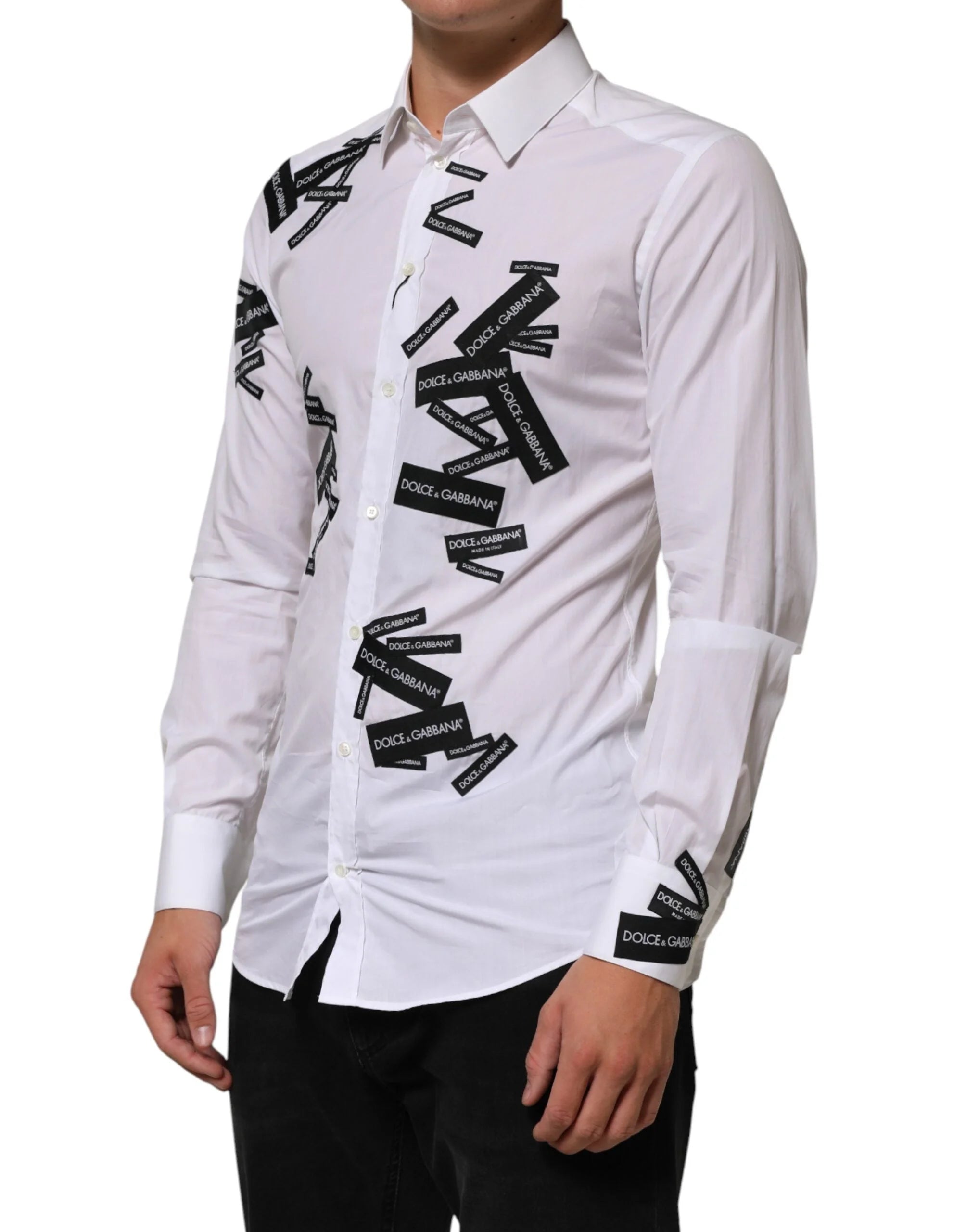 Dolce & Gabbana White Logo Cotton Collared GOLD Dress Shirt - IT39 | S