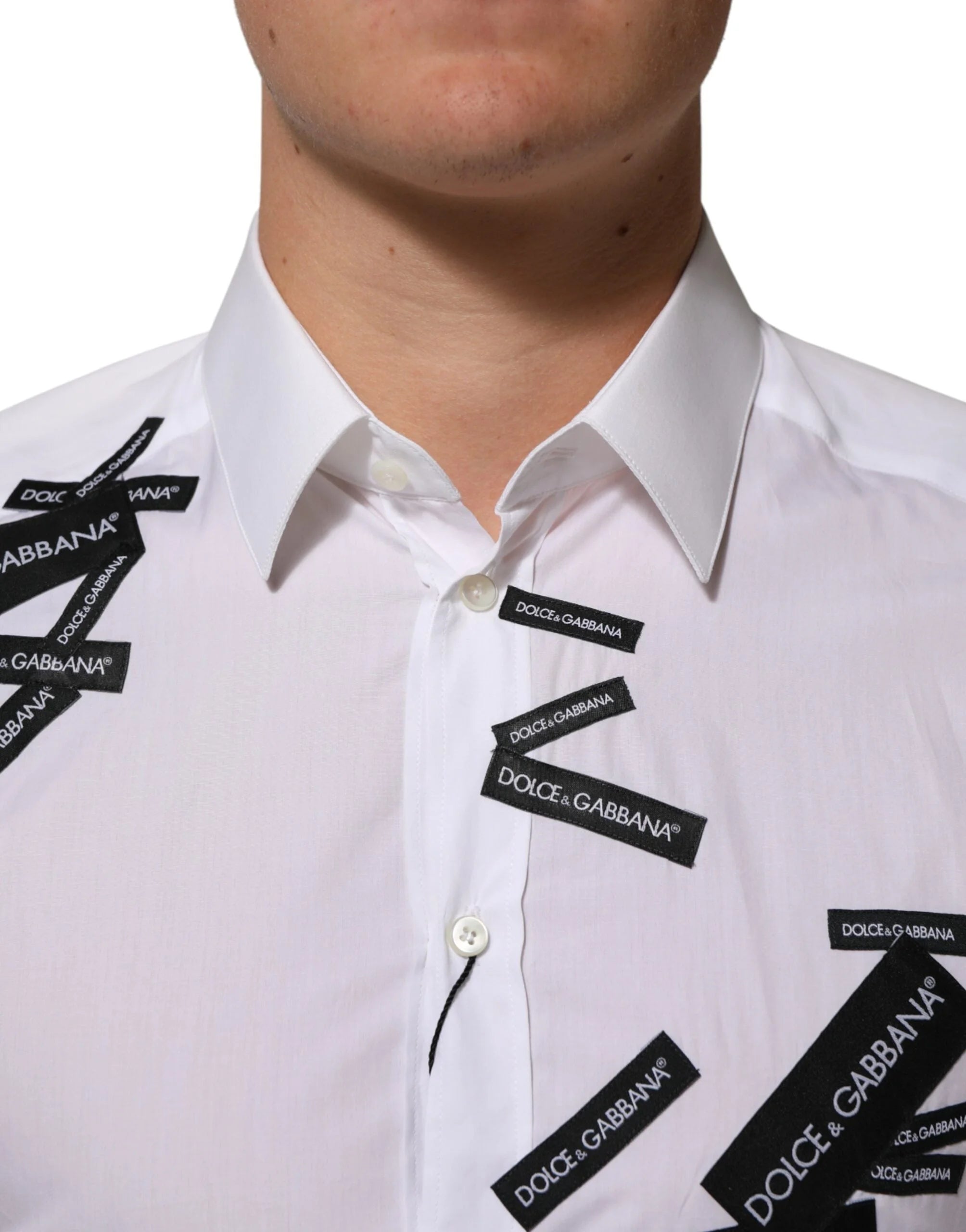 Dolce & Gabbana White Logo Cotton Collared GOLD Dress Shirt - IT39 | S