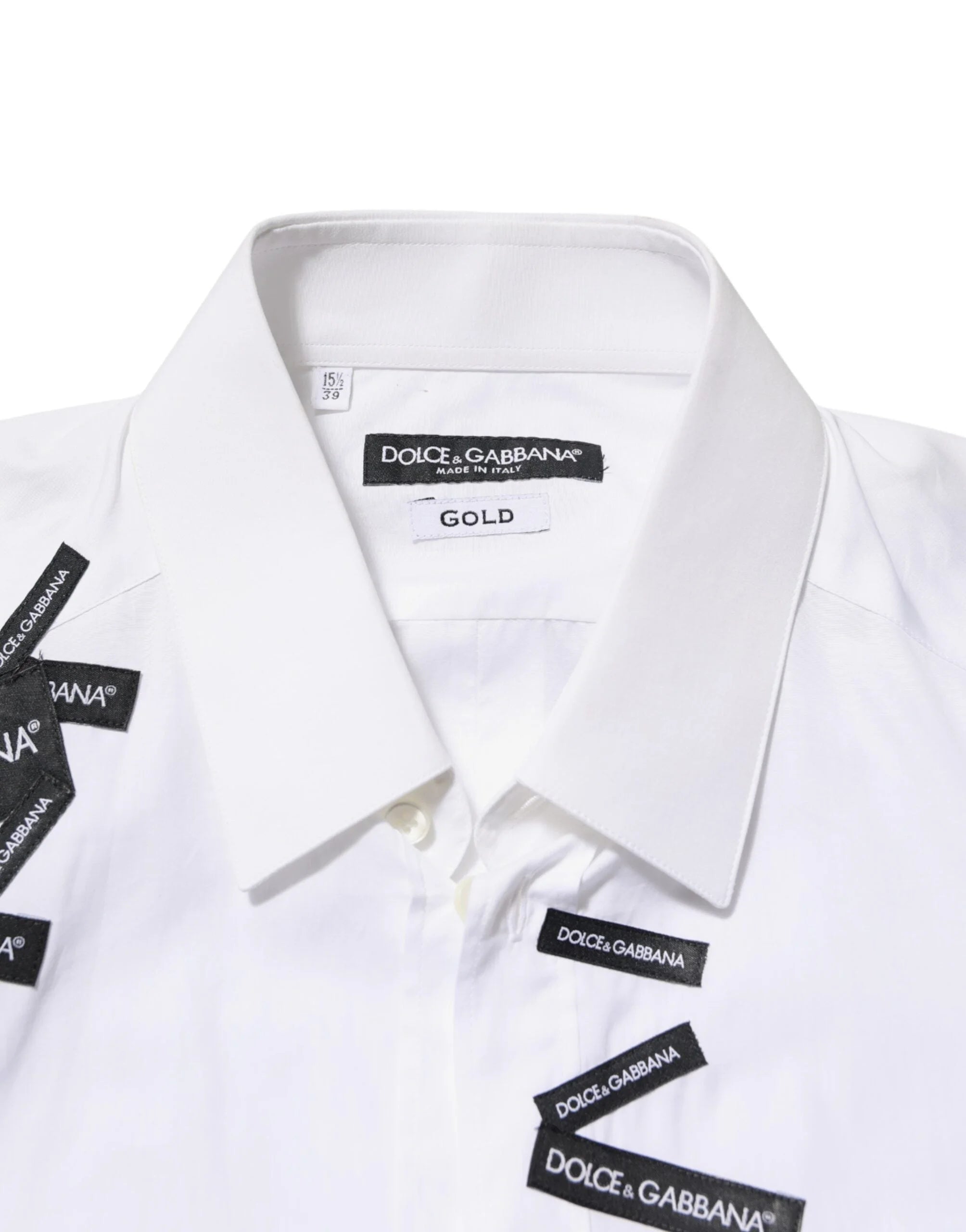 Dolce & Gabbana White Logo Cotton Collared GOLD Dress Shirt - IT39 | S