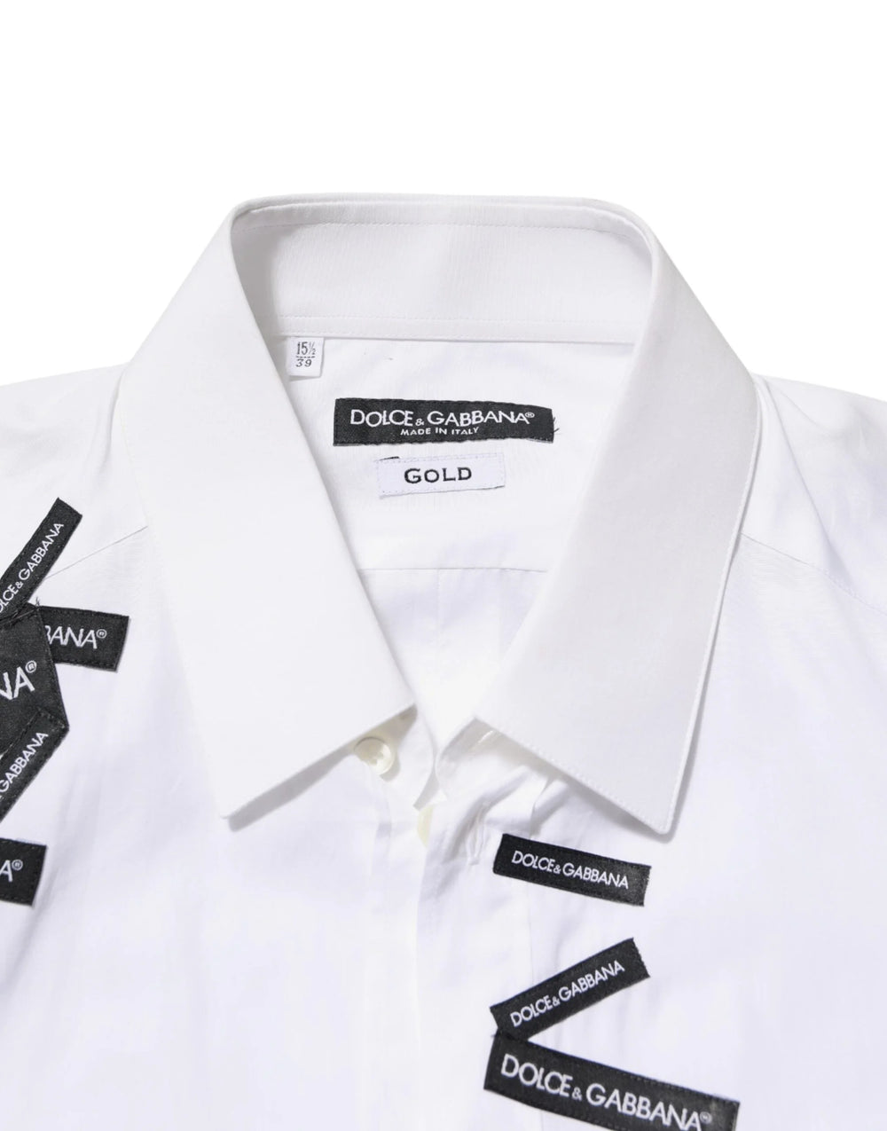 Dolce & Gabbana White Logo Cotton Collared GOLD Dress Shirt - IT39 | S