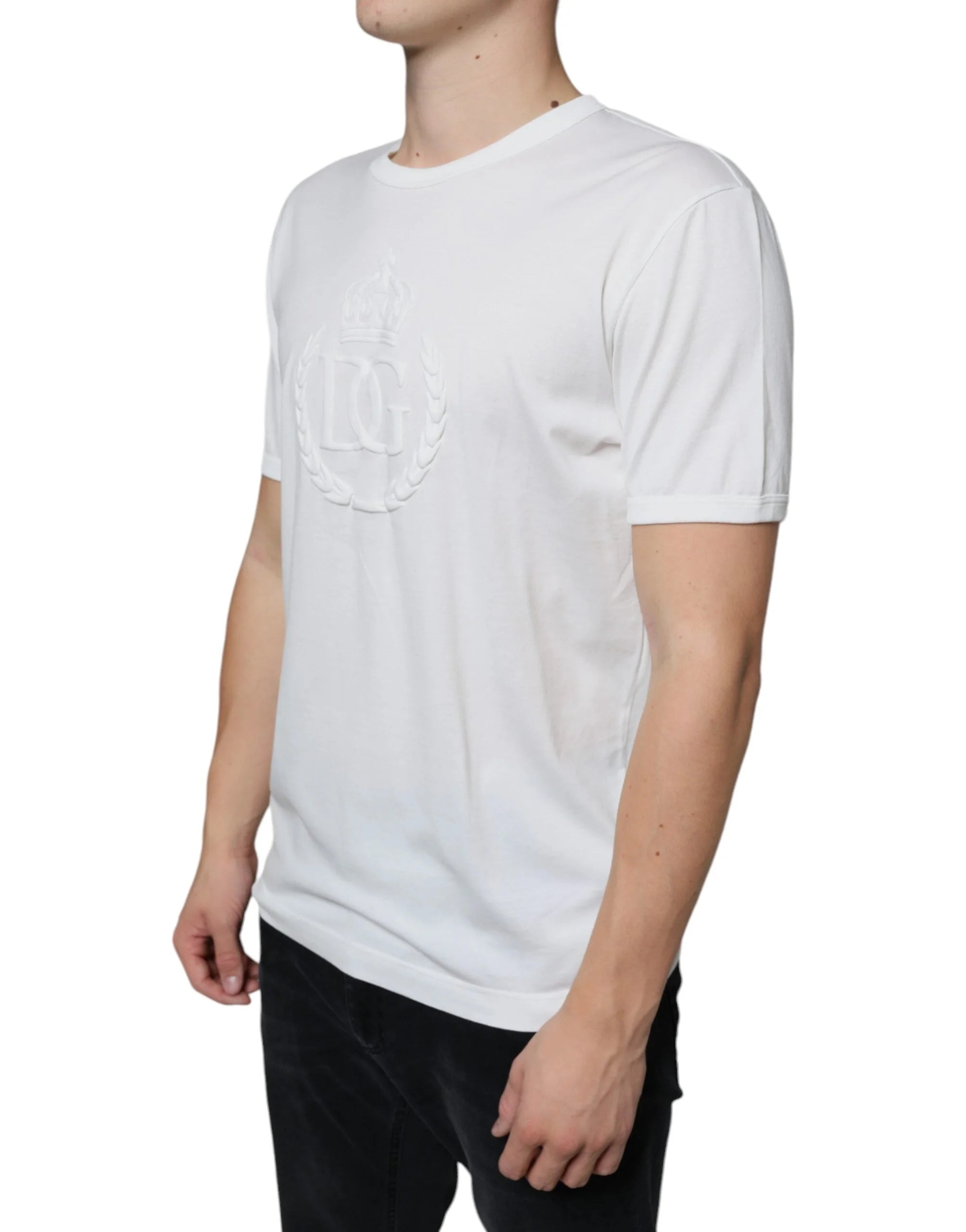 Dolce & Gabbana White Logo Embossed Cotton Crewneck T-shirt - IT52 | XL - T-Shirts