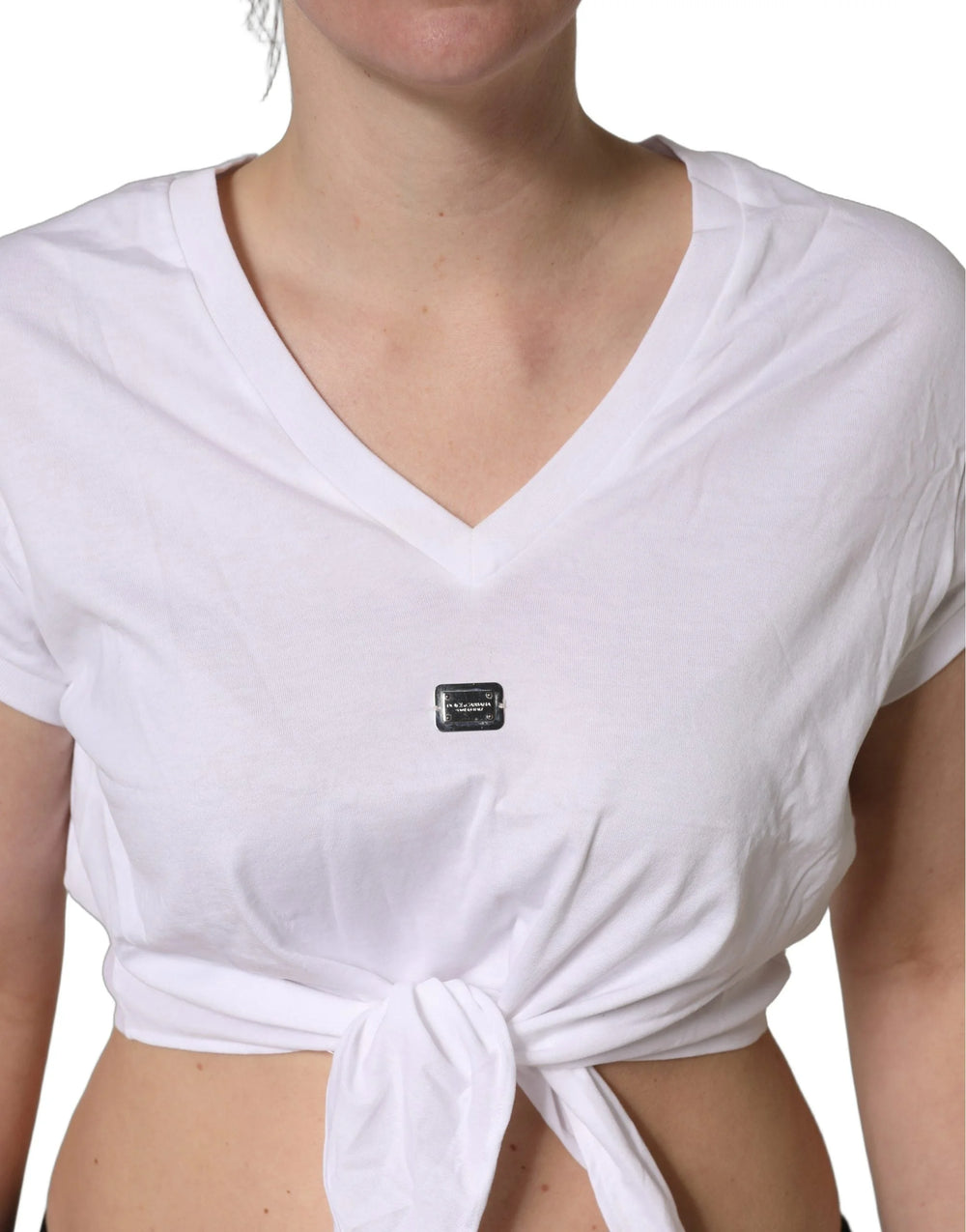 Dolce & Gabbana White Logo Embroidered TieWaist Cropped Top - IT48|XXL