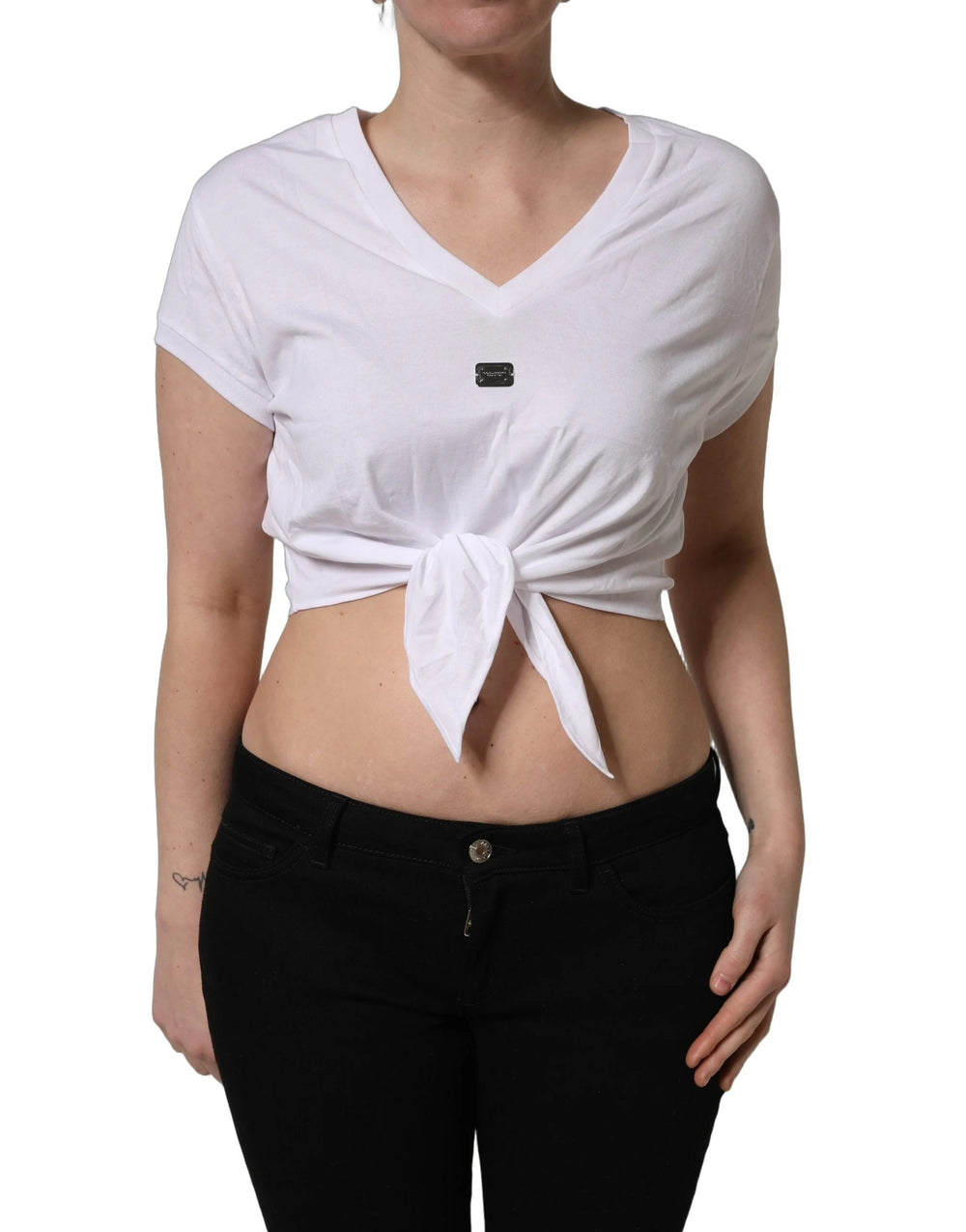 Dolce & Gabbana White Logo Embroidered TieWaist Cropped Top - IT48|XXL