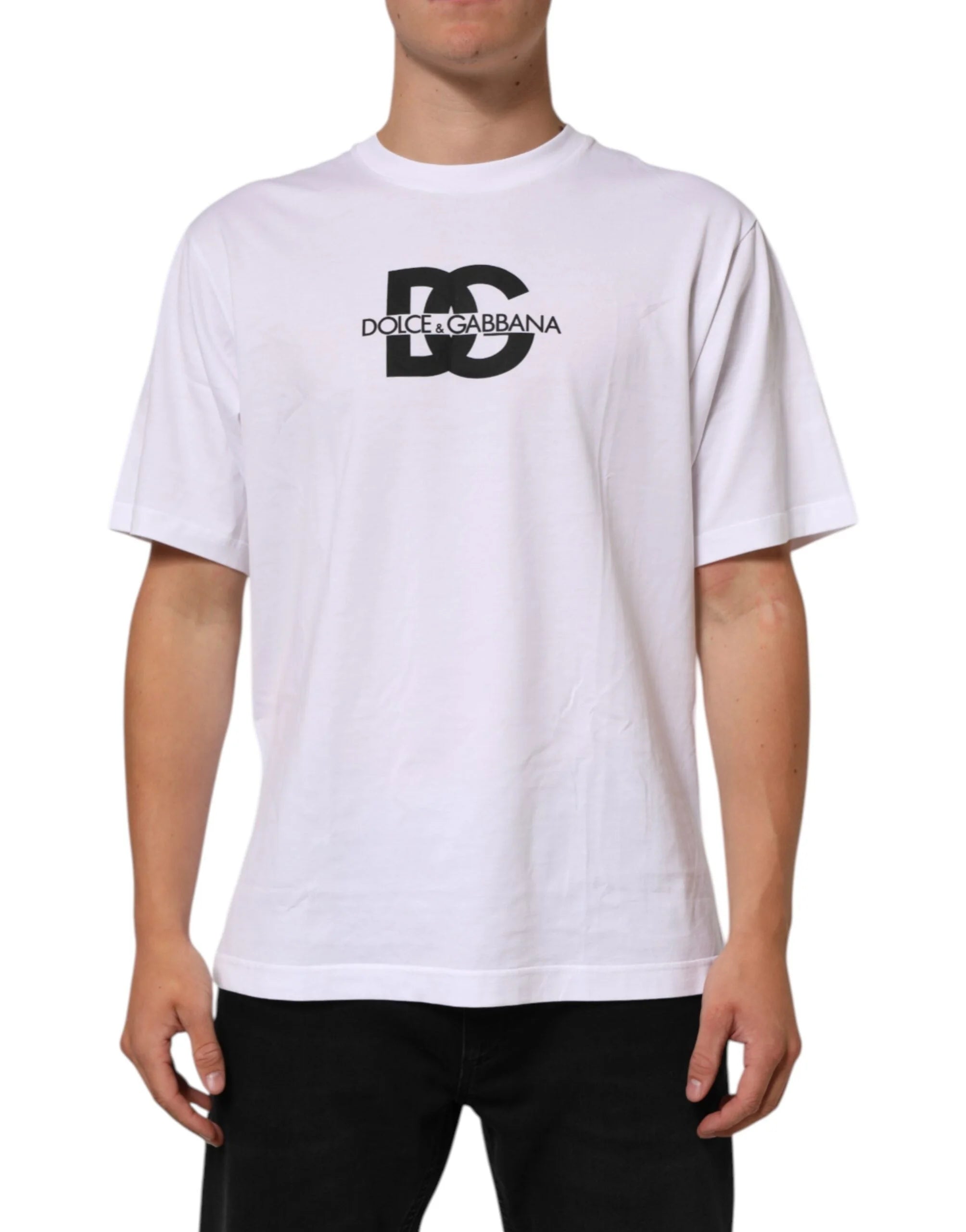 Dolce & Gabbana White Logo Print Cotton Crew Neck Men T-shirt - IT48 | M - T-Shirts