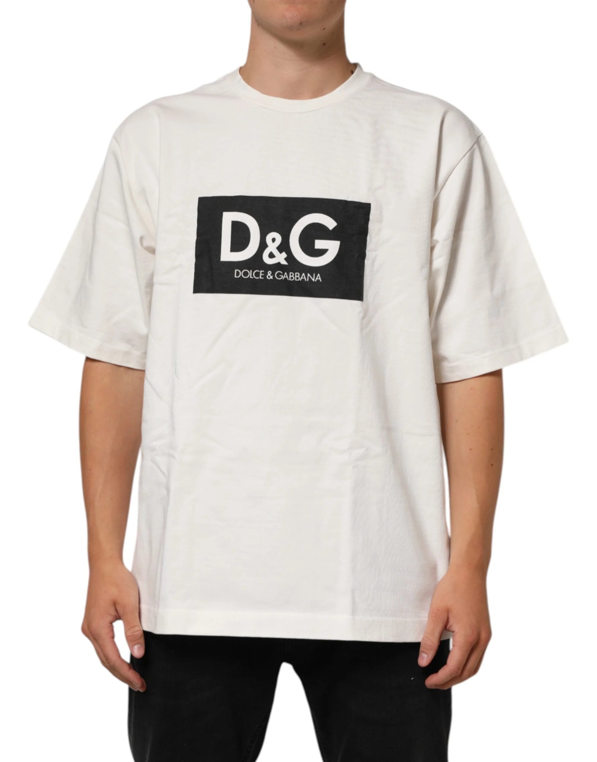 Dolce & Gabbana White Logo Print Cotton Crew Neck Men T-shirt - T-Shirts