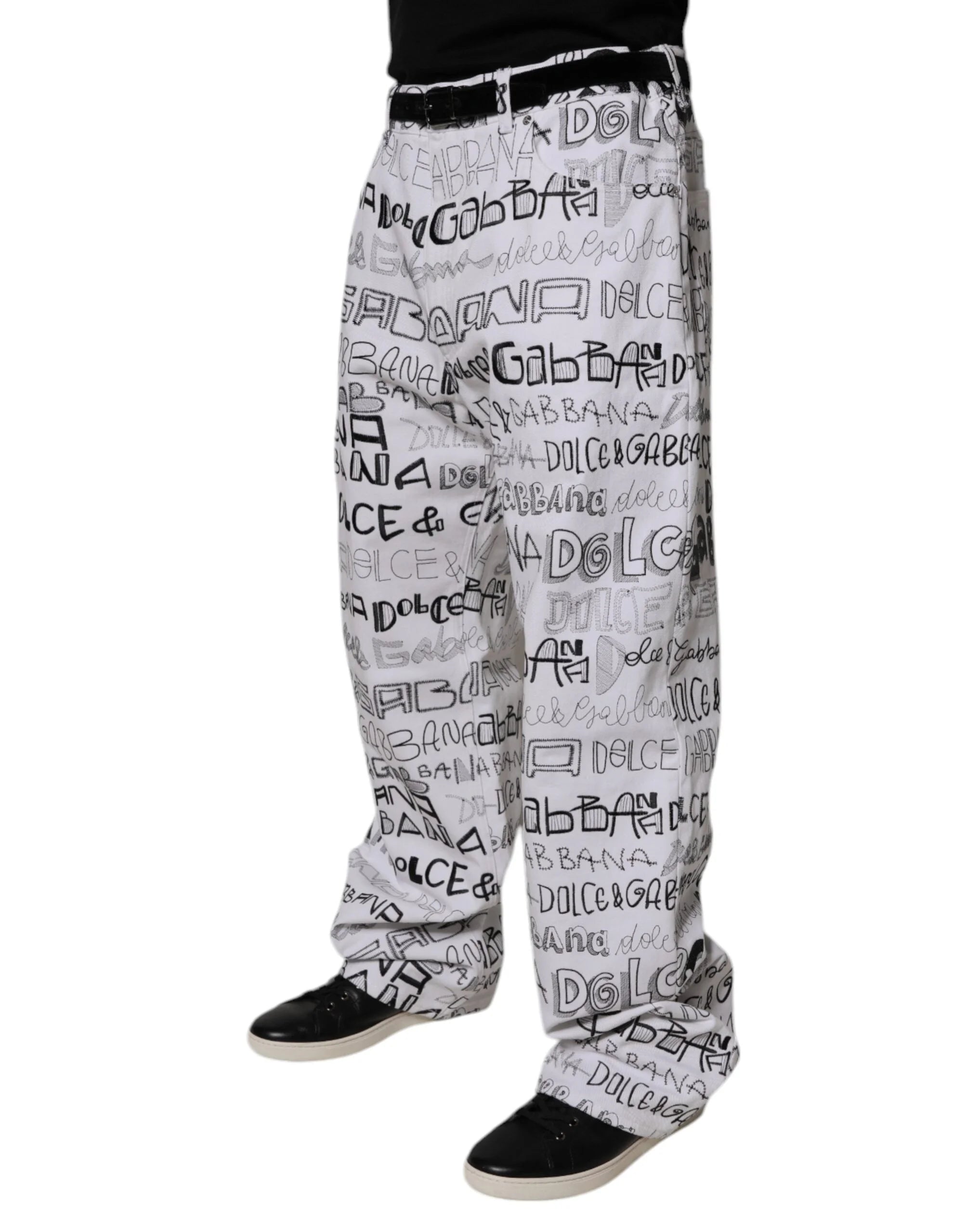 Dolce & Gabbana White Logo Print Straight Men Denim Jeans - IT56 | XXL - Jeans