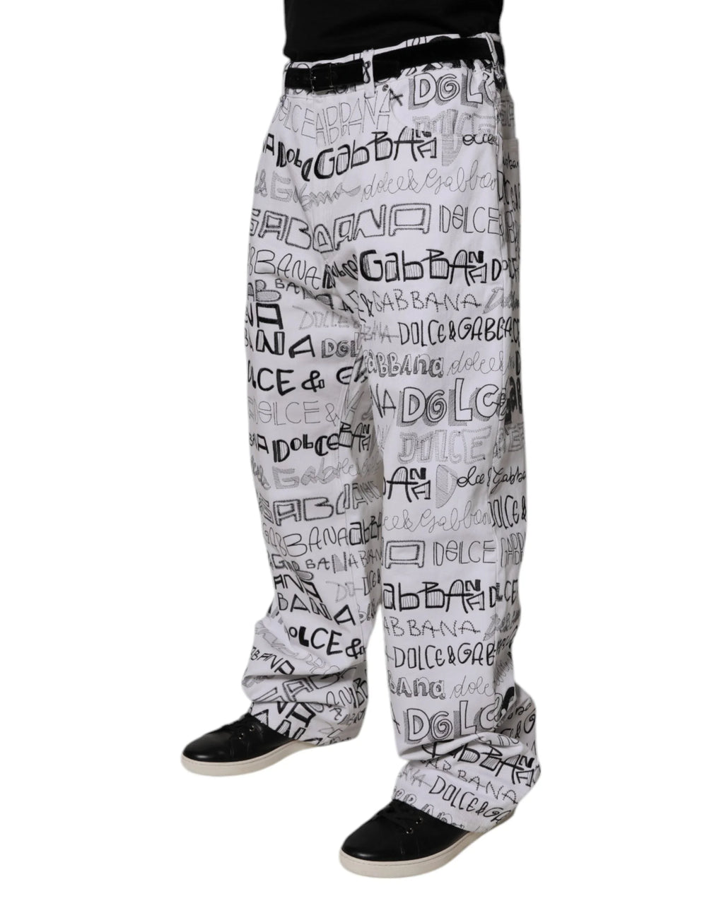 Dolce & Gabbana White Logo Print Straight Men Denim Jeans - IT56 | XXL - Jeans