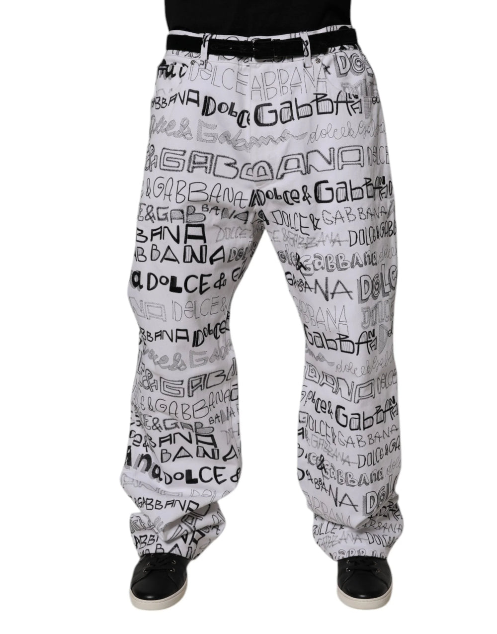 Dolce & Gabbana White Logo Print Straight Men Denim Jeans - IT56 | XXL - Jeans