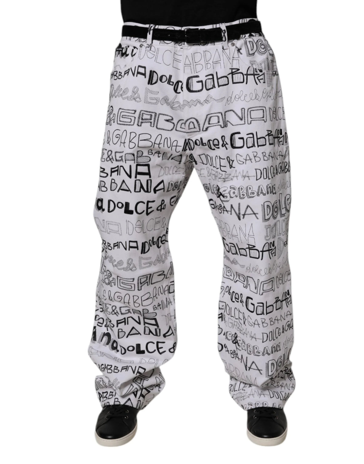 Dolce & Gabbana White Logo Print Straight Men Denim Jeans - IT56 | XXL - Jeans