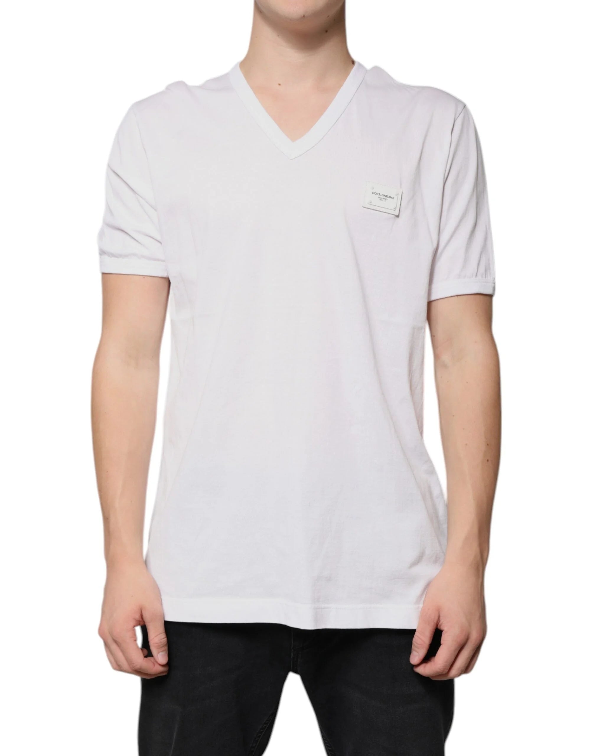 Dolce & Gabbana White Logo V-neck Short Sleeve T-shirt - IT56 | XXL - T-Shirts