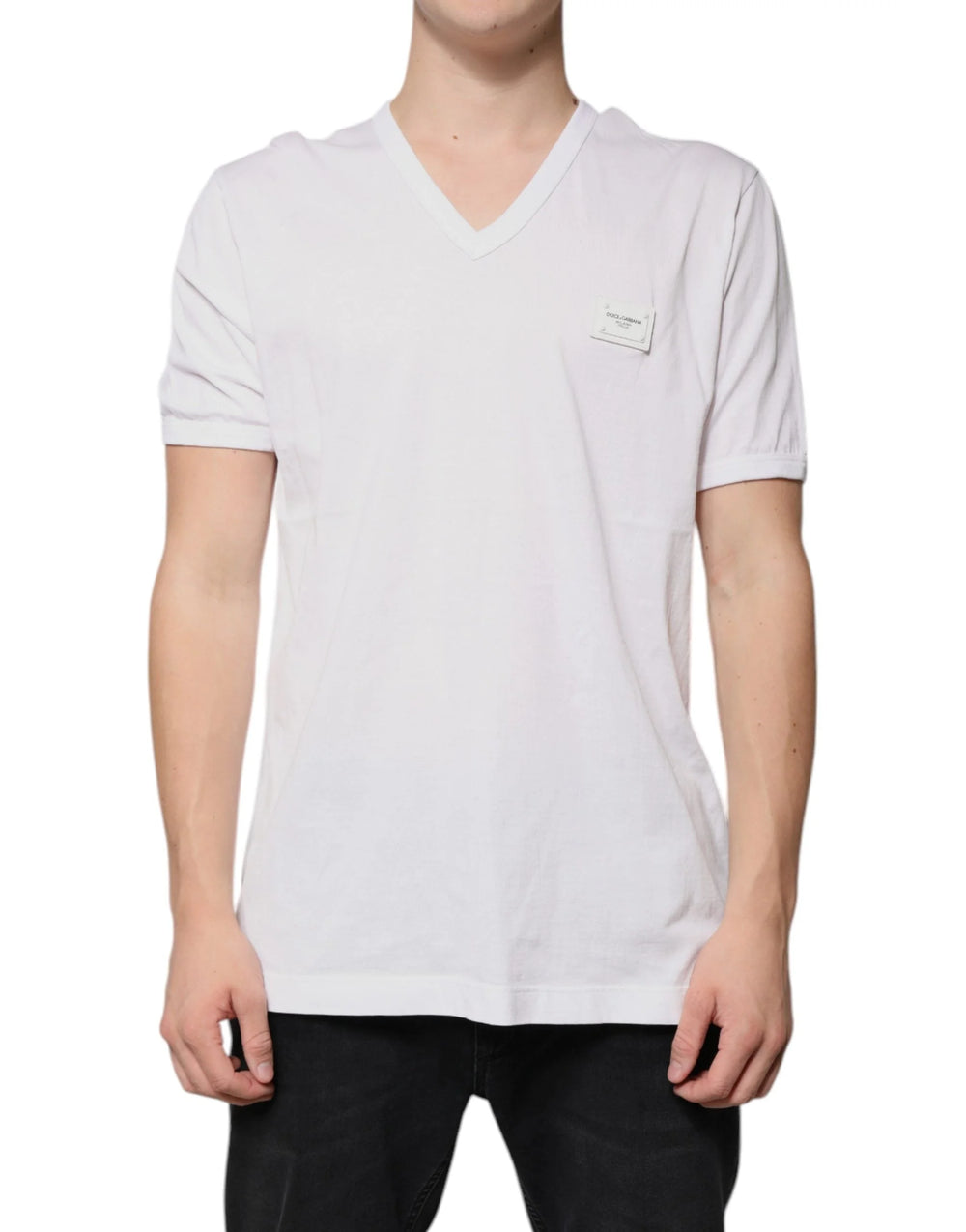 Dolce & Gabbana White Logo V-neck Short Sleeve T-shirt - IT56 | XXL - T-Shirts