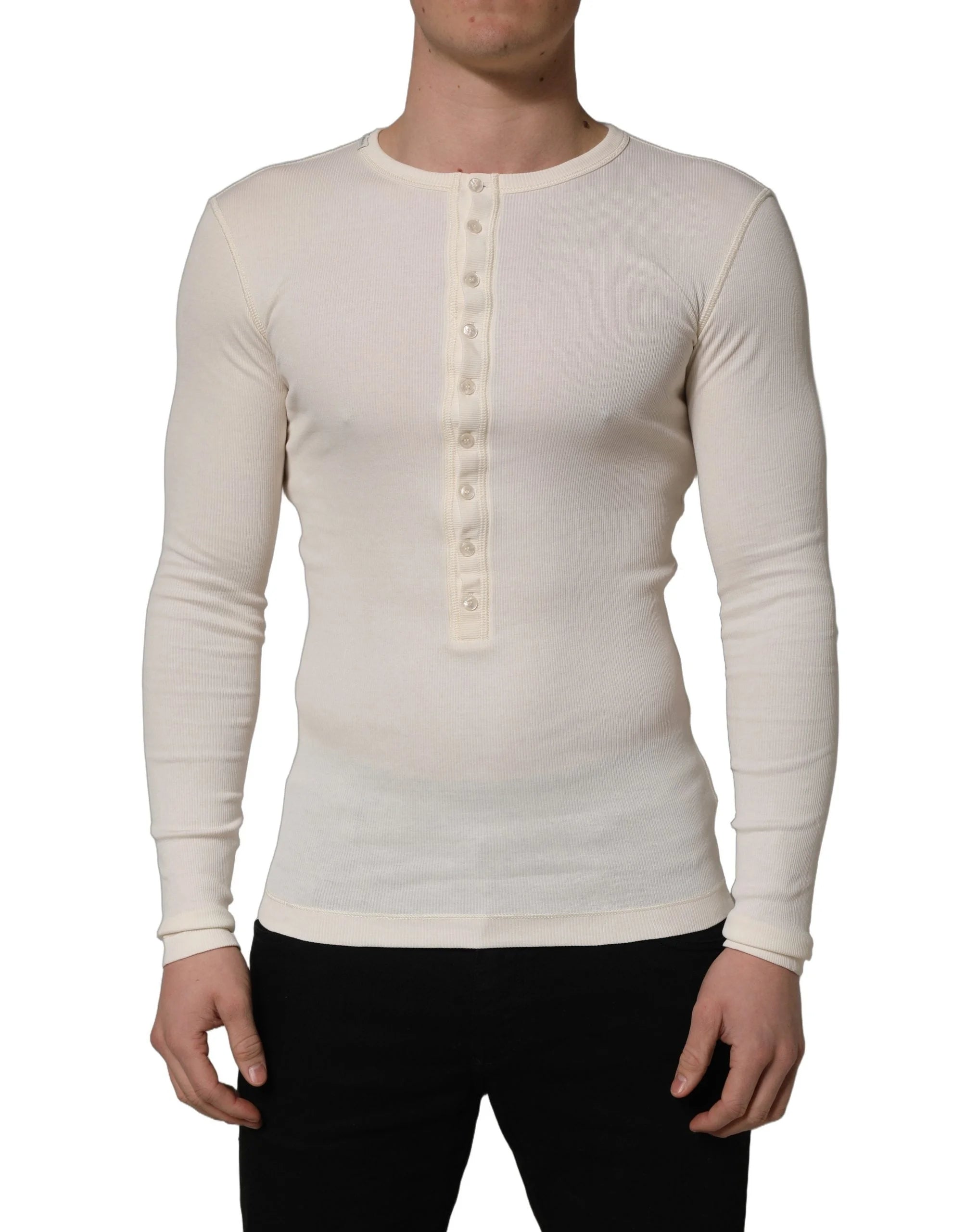 Dolce & Gabbana White Long Sleeves Henley Pullover Sweater - IT46 | S