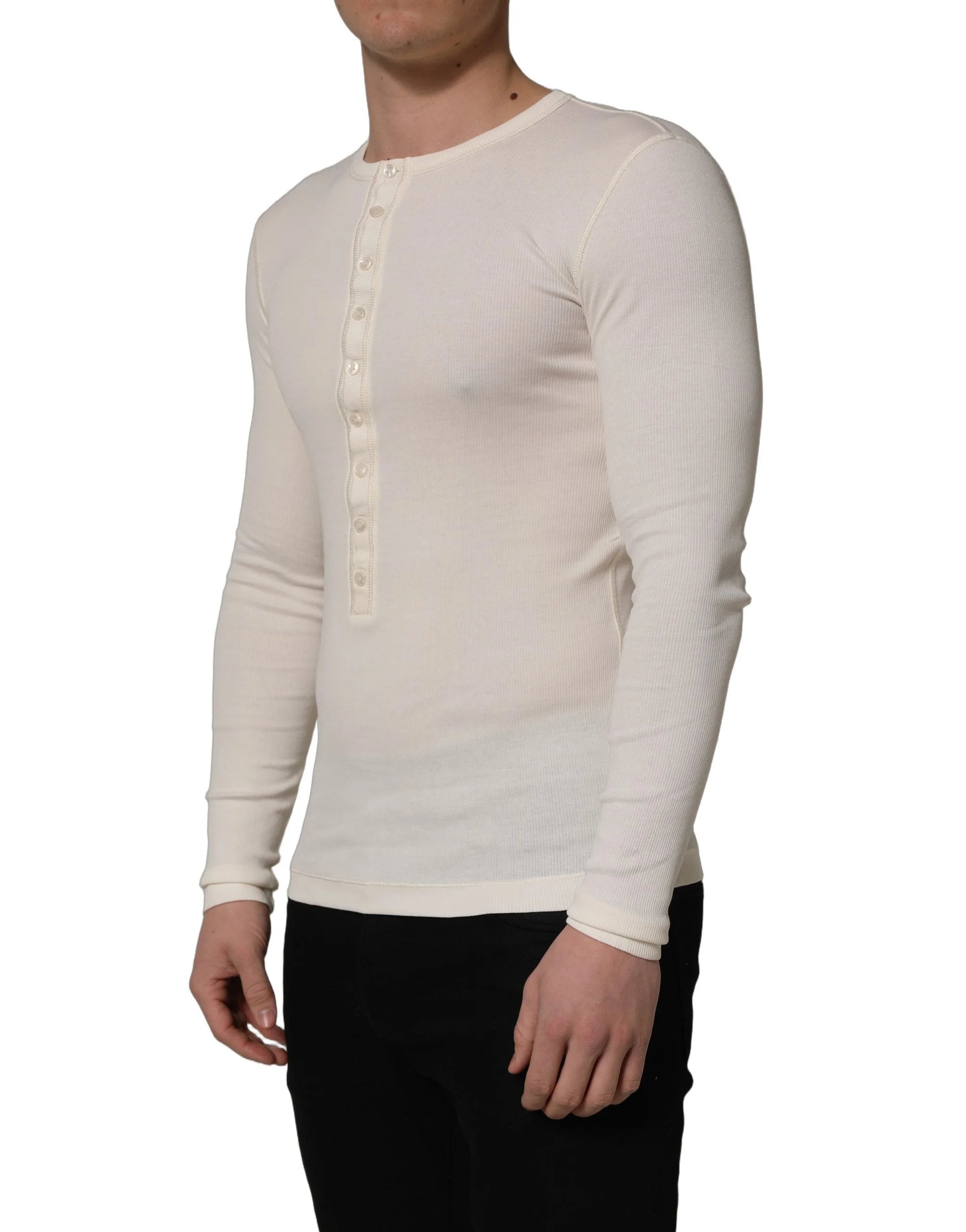 Dolce & Gabbana White Long Sleeves Henley Pullover Sweater - IT46 | S