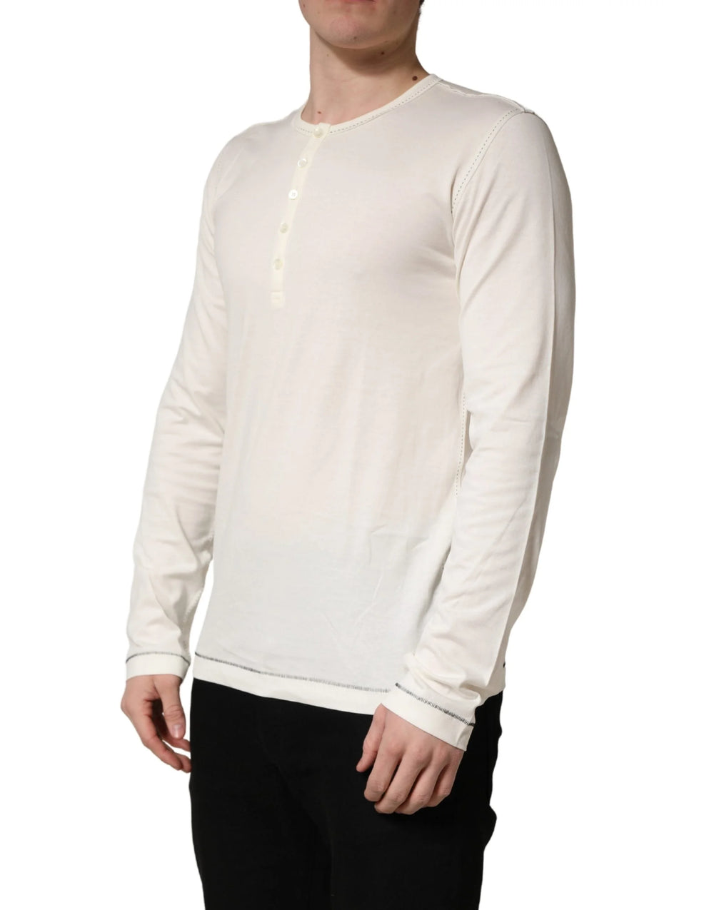 Dolce & Gabbana White Long Sleeves Henley Pullover Sweater - IT52 | XL
