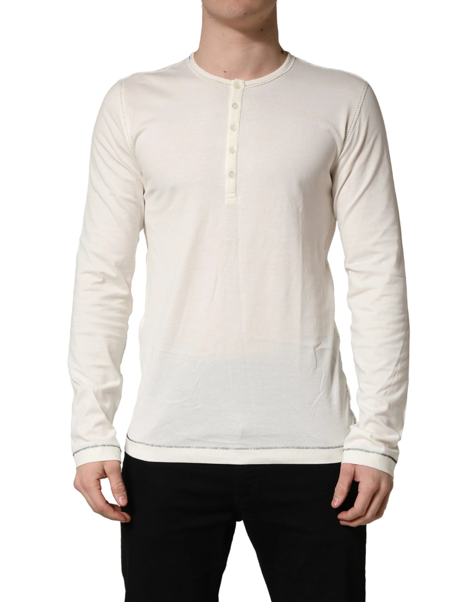 Dolce & Gabbana White Long Sleeves Henley Pullover Sweater - IT52 | XL