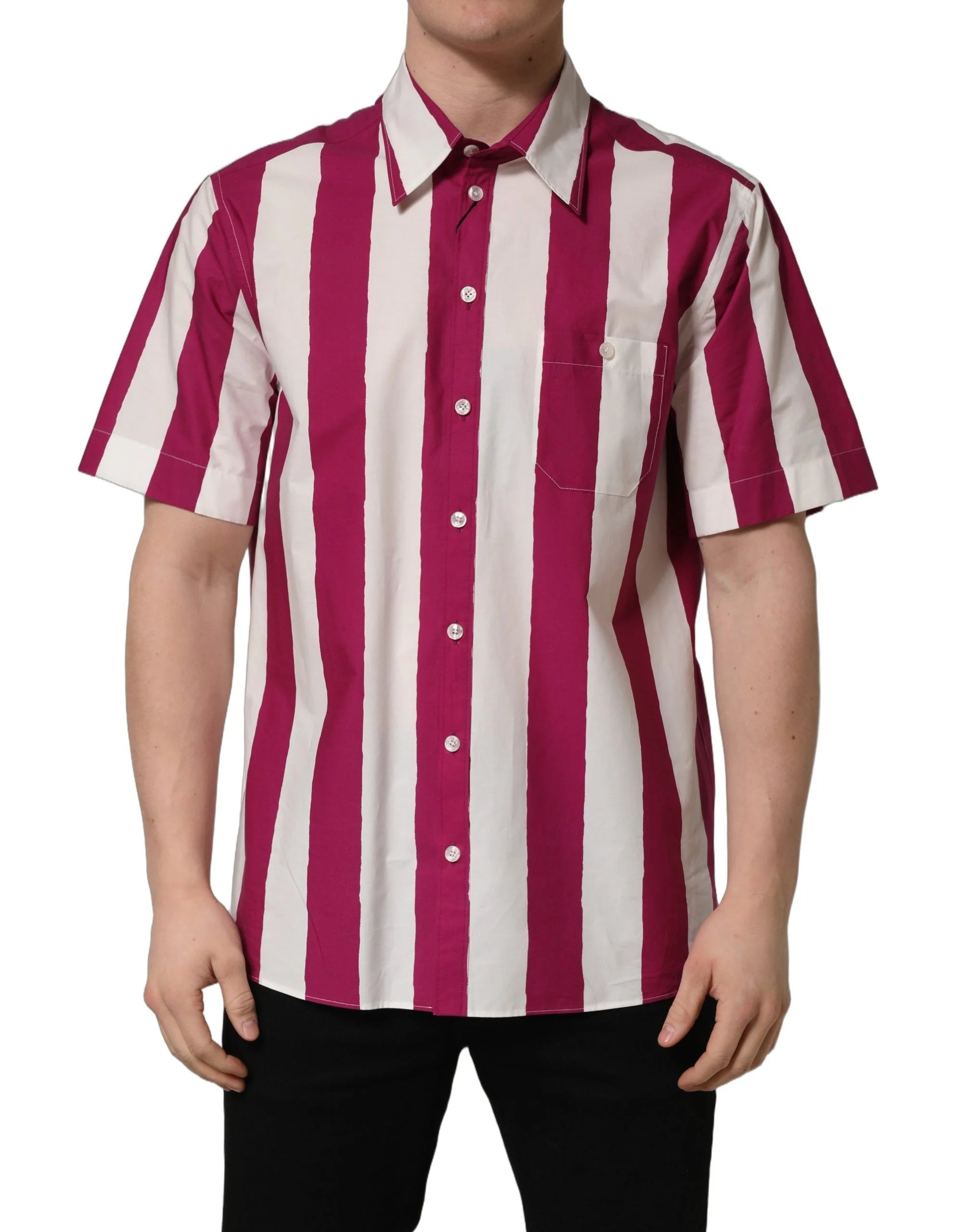 Dolce & Gabbana White Maroon Striped Men Short Sleeves Shirt - IT39 | S