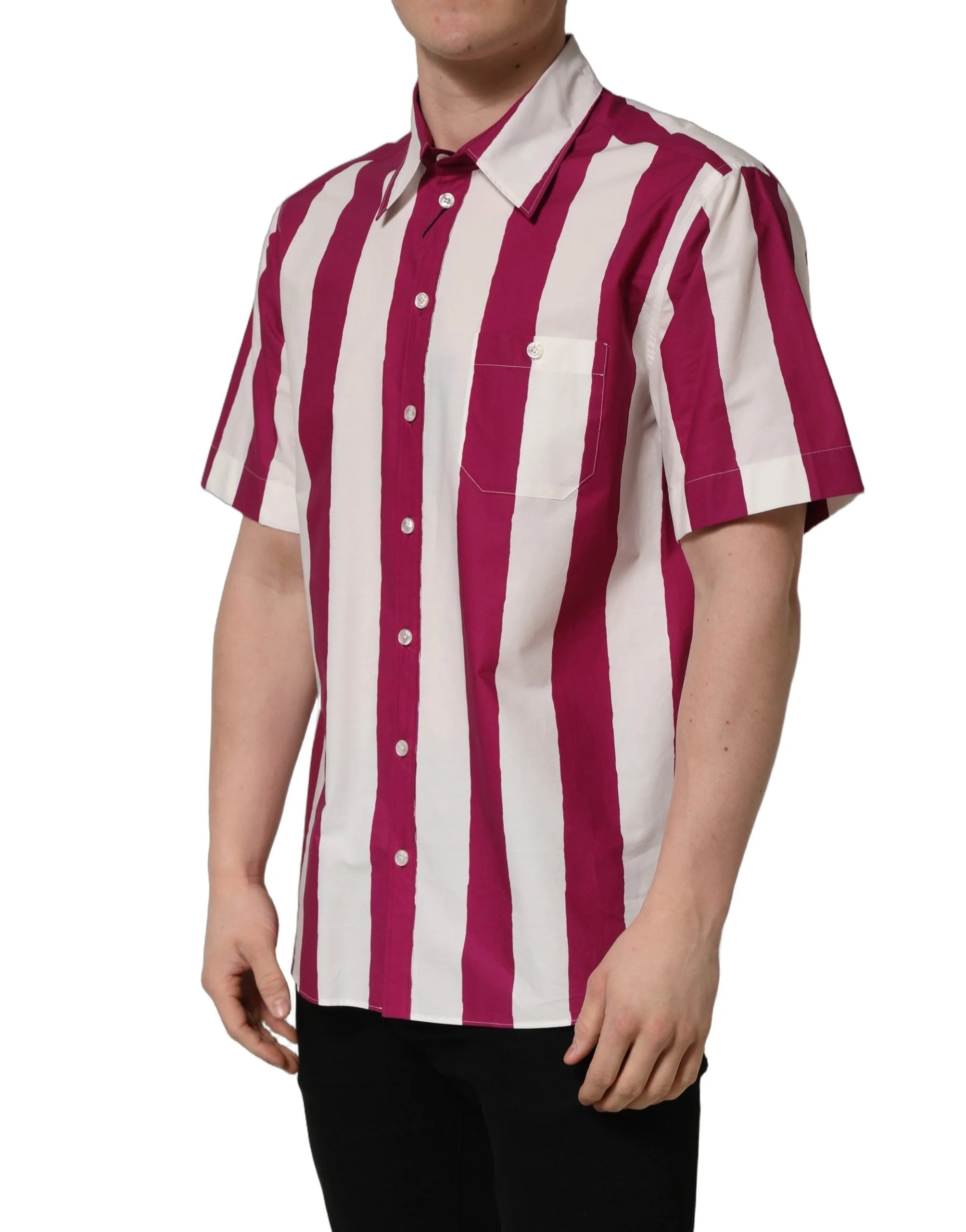 Dolce & Gabbana White Maroon Striped Men Short Sleeves Shirt - IT39 | S