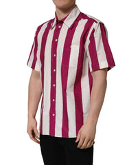 Dolce & Gabbana White Maroon Striped Men Short Sleeves Shirt - IT39 | S