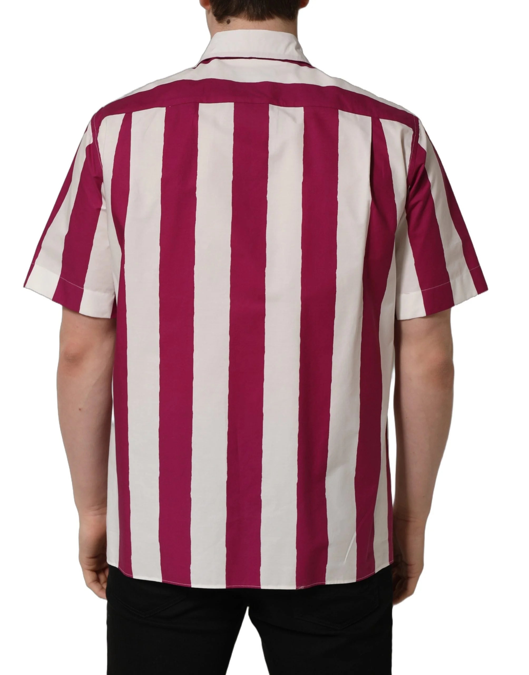 Dolce & Gabbana White Maroon Striped Men Short Sleeves Shirt - IT39 | S